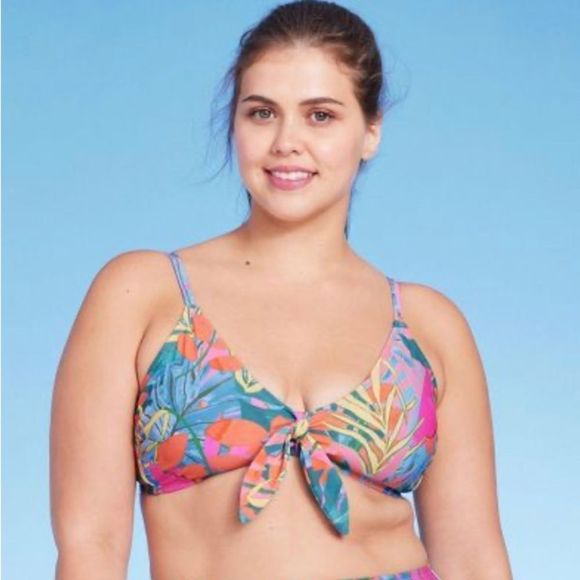 Kona Sol Women's Abstract Tropical Print Tie-Front Bikini Top NWT Size L - Picture 2 of 7
